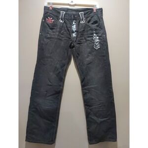 Black Label Black Wash Cinch Embroidery Patches Straight Leg Jeans Size 36